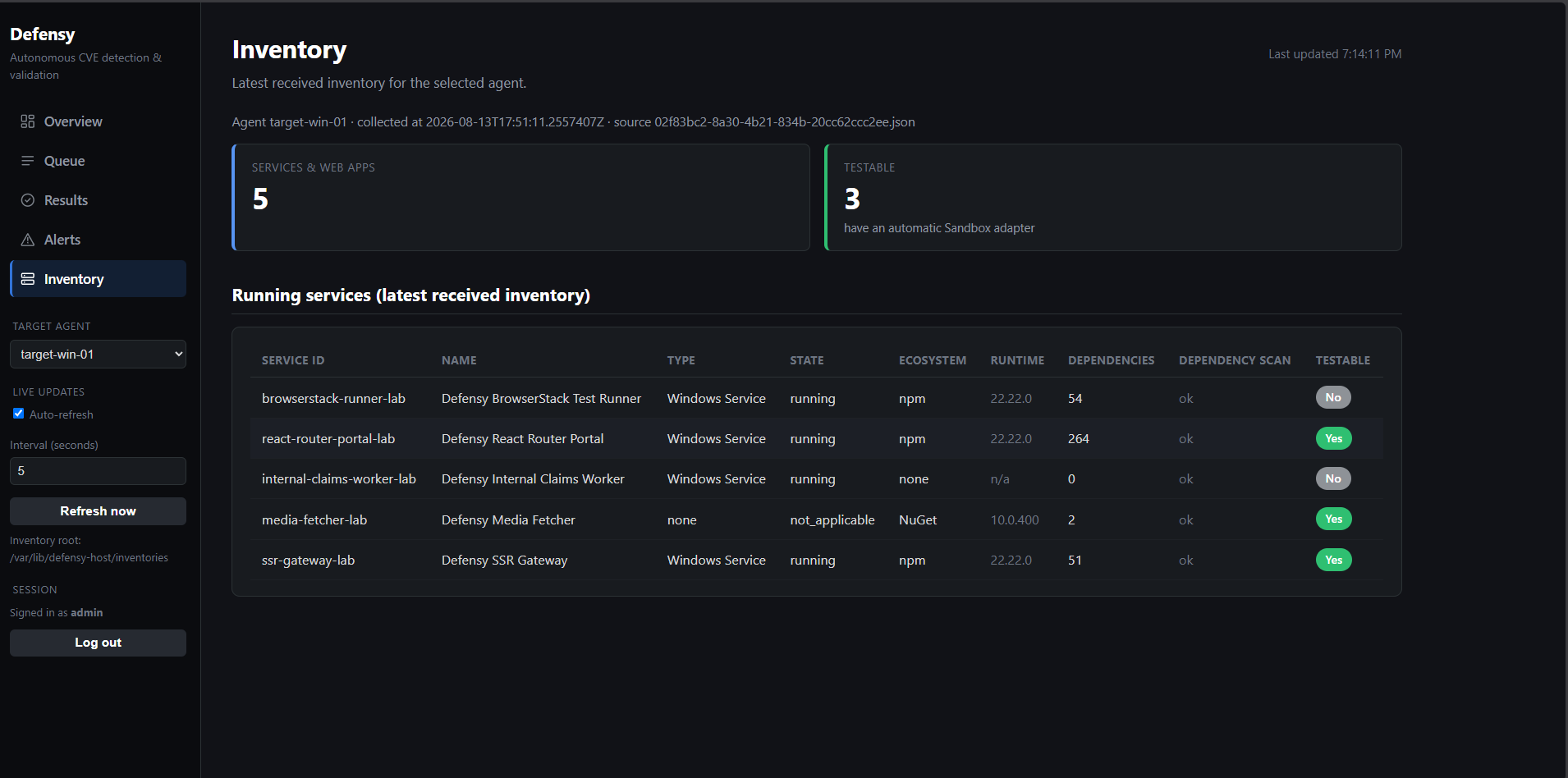 Continuous Adversary inventory dashboard listing the target's running services with type, state, ecosystem, dependency count and a testable flag.