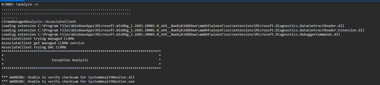 WinDbg !analyze -v output showing suspicious DLL
